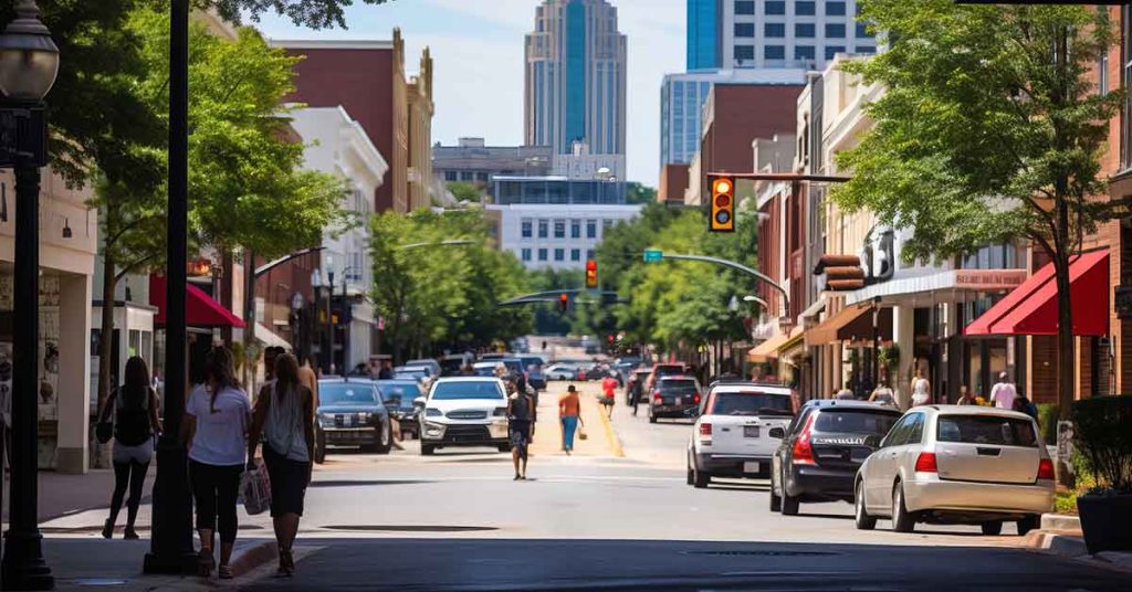 Pedestrians walking down a sunny downtown street in the North Carolina Triangle area.